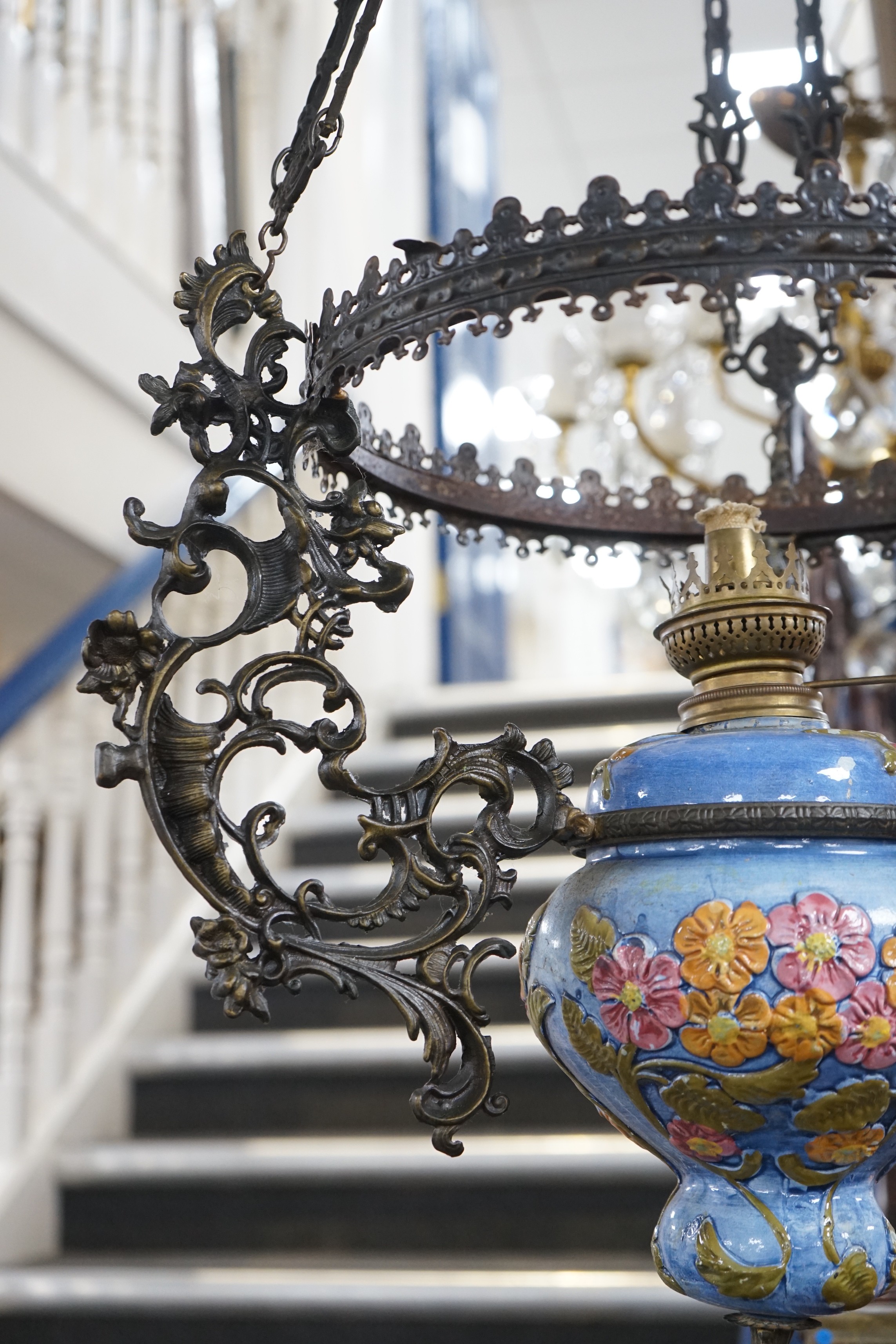 A Victorian ceiling pendant oil lamp rococo style cast brass frame, approximately 96cms high